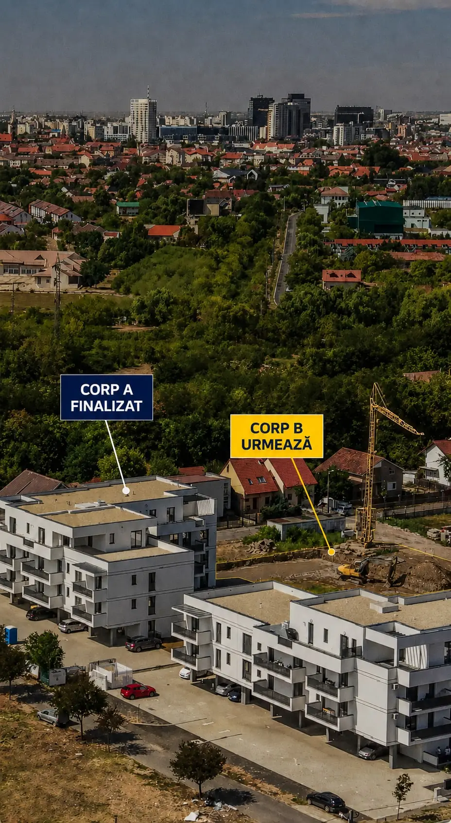 Vedere aeriană: Corp A finalizat în stânga, șantierul Corp B cu macara în dreapta